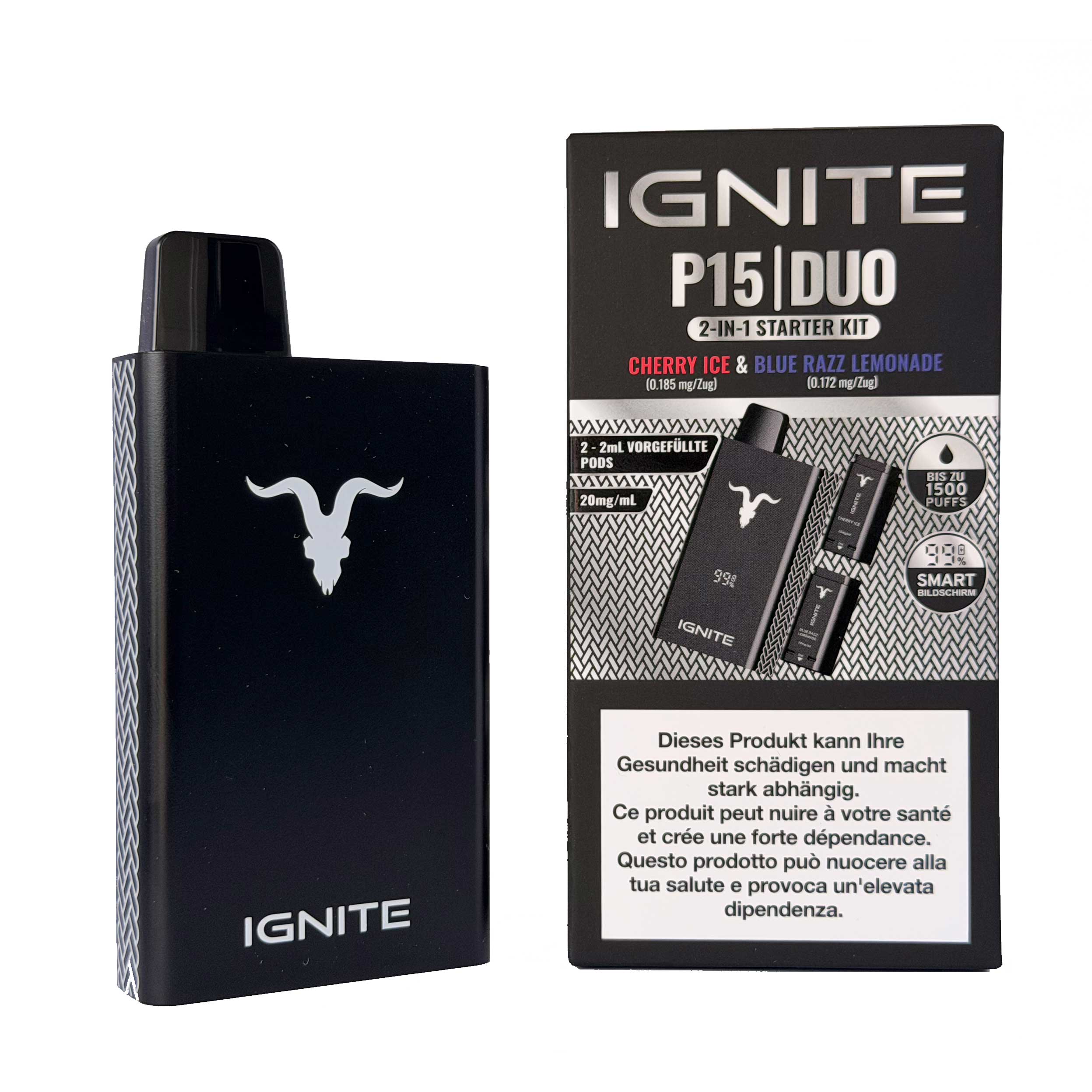IGNITE P15 Duo Starter Kit Blue Razz Lemonade and Cherry Ice, device with packaging