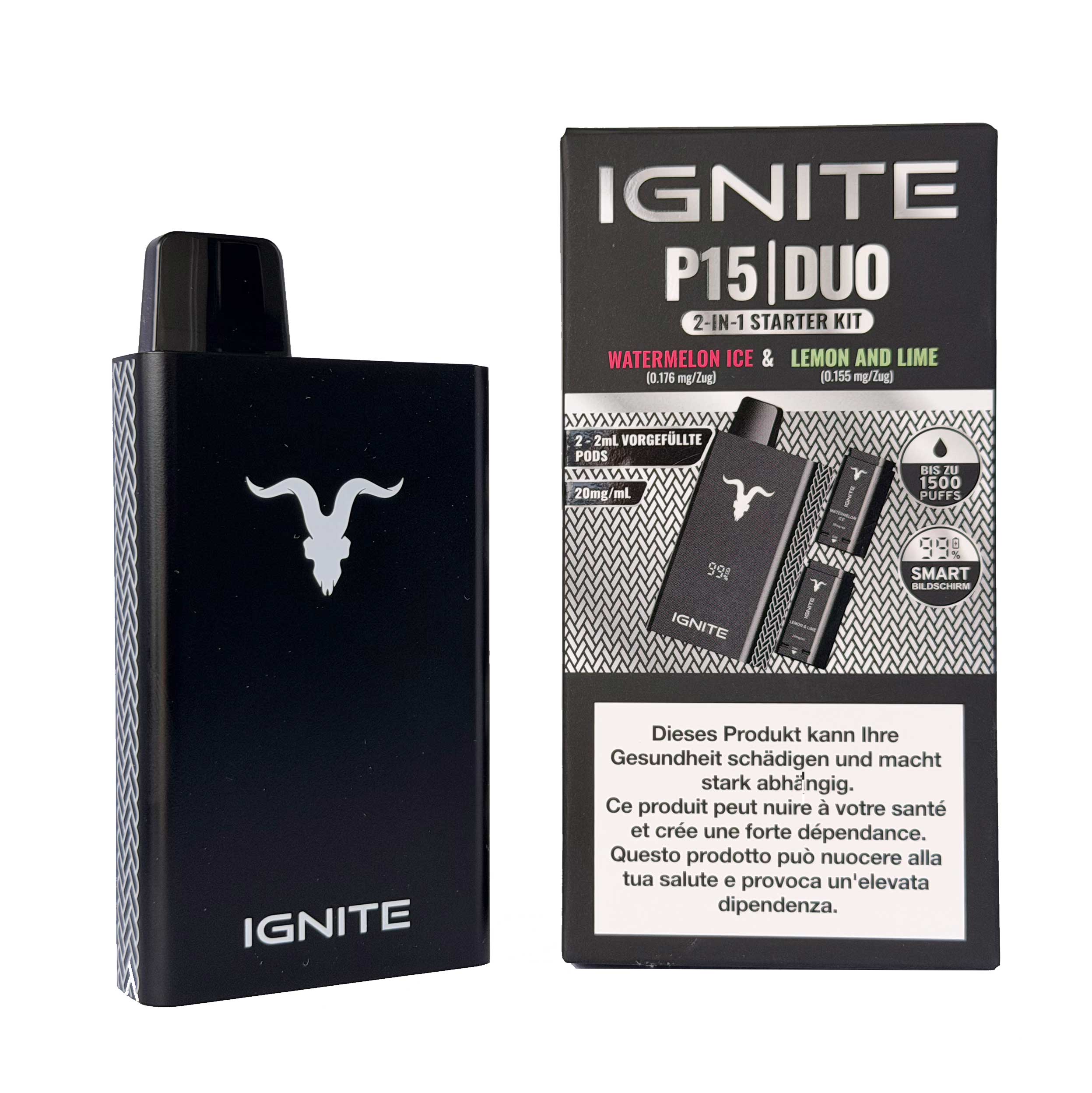 IGNITE P15 Duo Starter Kit Watermelon Ice and Lemon Lime, device with packaging